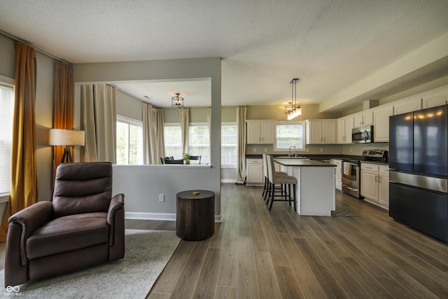 19187 Outer Bank Rd, Noblesville, IN 46062 - kitchen with appliances with stainless steel finishes, a kitchen breakfast bar, dark countertops, open floor plan, and a sink