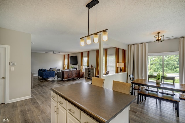 19187 Outer Bank Rd, Noblesville, IN 46062 - kitchen with dark countertops, a textured ceiling, dark wood finished floors, pendant lighting, and a ceiling fan