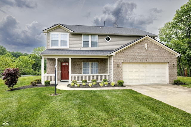 19187 Outer Bank Rd, Noblesville, IN 46062 - traditional-style house with concrete driveway, brick siding, a porch, a garage, and a front yard