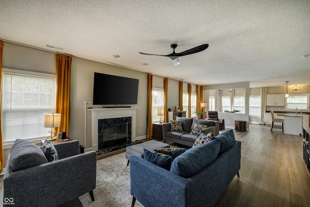 19187 Outer Bank Rd, Noblesville, IN 46062 - living room with a textured ceiling, a premium fireplace, ceiling fan, and wood finished floors