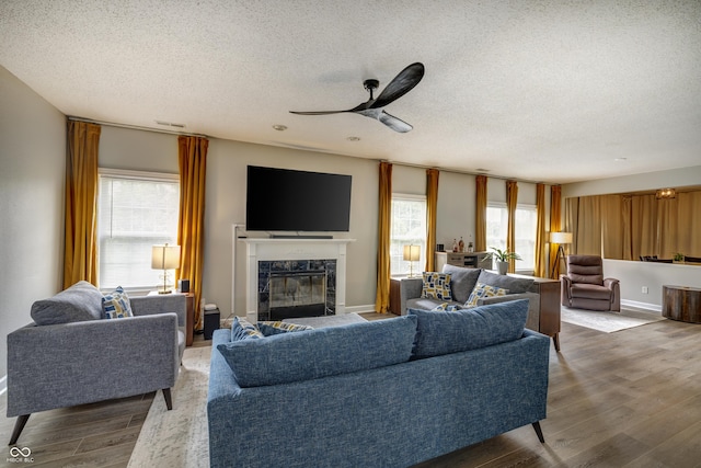 19187 Outer Bank Rd, Noblesville, IN 46062 - living area with a textured ceiling, a premium fireplace, ceiling fan, wood finished floors, and baseboards