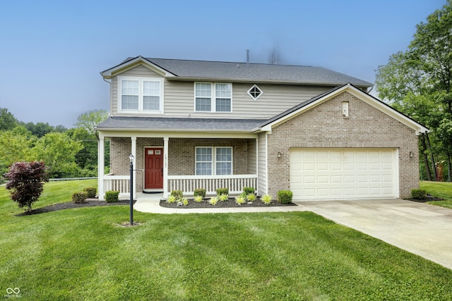 19187 Outer Bank Rd, Noblesville, IN 46062 - traditional-style home featuring concrete driveway, brick siding, a garage, a porch, and a front yard