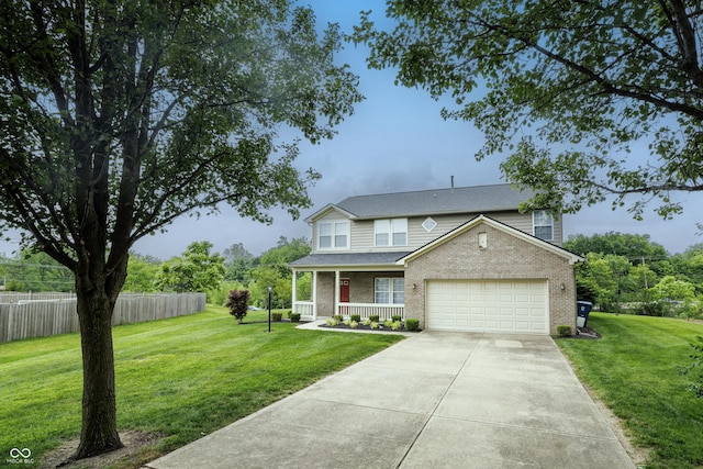 19187 Outer Bank Rd, Noblesville, IN 46062 - traditional home with covered porch, brick siding, driveway, an attached garage, and roof with shingles
