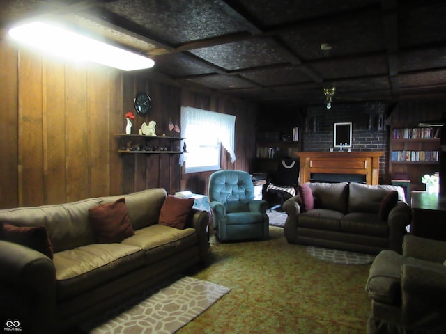 112 Orchard St, Waynetown, IN 47990 - carpeted living area featuring wooden walls and a fireplace