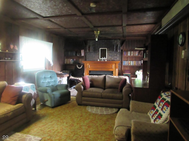 112 Orchard St, Waynetown, IN 47990 - carpeted living room with a fireplace and coffered ceiling