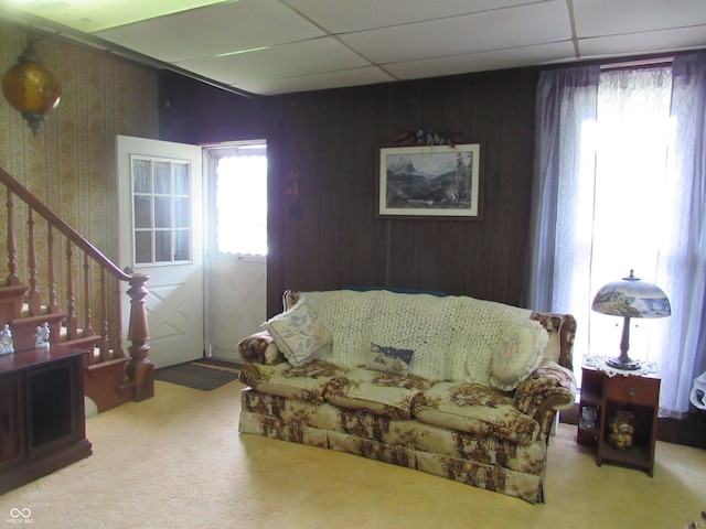 112 Orchard St, Waynetown, IN 47990 - carpeted living room with stairway and a paneled ceiling