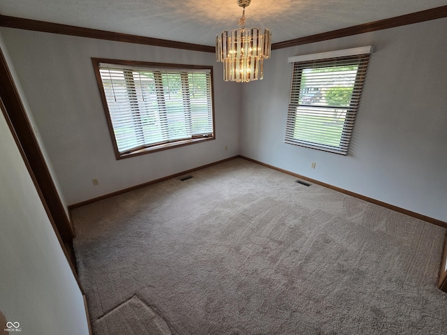 1201 Briarwood Dr, Brownsburg, IN 46112 - unfurnished room with a chandelier, carpet, crown molding, baseboards, and a textured ceiling
