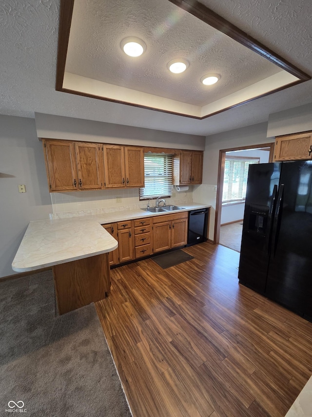 1201 Briarwood Dr, Brownsburg, IN 46112 - kitchen featuring a textured ceiling, black appliances, a tray ceiling, a peninsula, and a sink