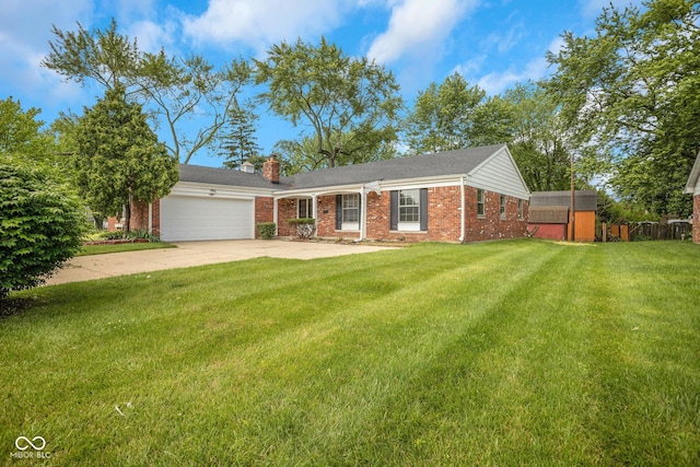 3148 Arbutus Dr, Indianapolis, IN 46224 - view of front of property featuring brick siding, a garage, a chimney, driveway, and a front yard