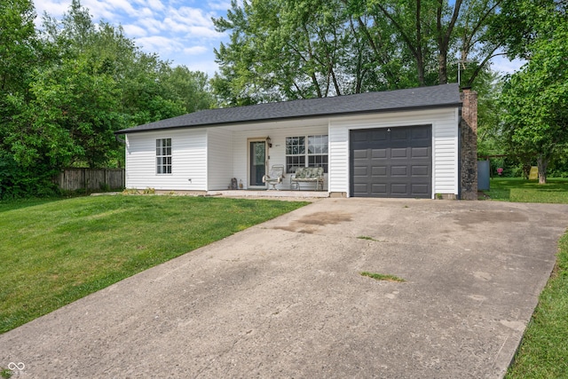 5811 Simmul Cir, Indianapolis, IN 46221 - ranch-style house with a porch, a garage, driveway, and a chimney