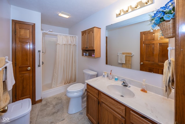 7632 Sea Crest Way N, Noblesville, IN 46062 - bathroom with toilet, vanity, tile patterned floors, a shower with shower curtain, and baseboards