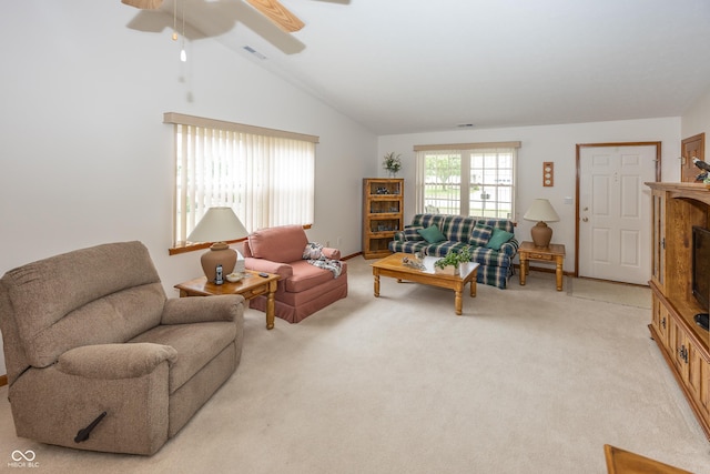 7632 Sea Crest Way N, Noblesville, IN 46062 - living room with vaulted ceiling, light colored carpet, and ceiling fan