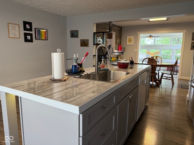 75 Byram Blvd, Martinsville, IN 46151 - kitchen with a sink, an island with sink, dark wood finished floors, ceiling fan, and light countertops