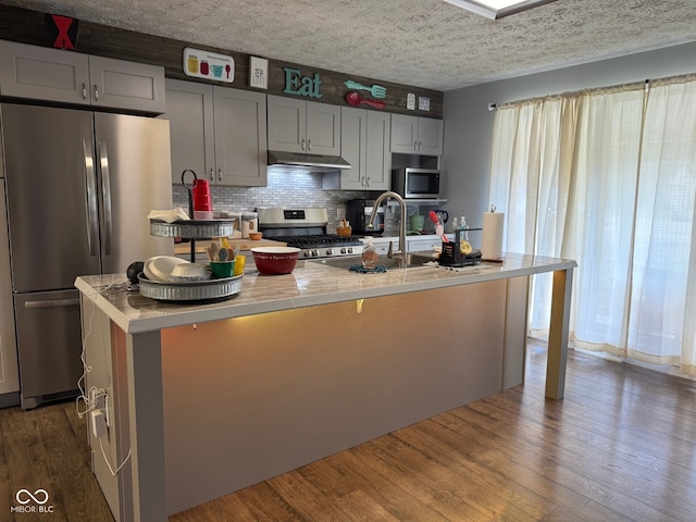 75 Byram Blvd, Martinsville, IN 46151 - kitchen featuring appliances with stainless steel finishes, under cabinet range hood, dark wood-type flooring, a sink, and light countertops