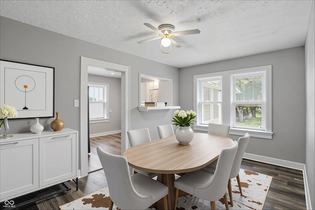 1915 Albany St, Beech Grove, IN 46107 - dining area with a ceiling fan, baseboards, dark wood-style floors, and a textured ceiling