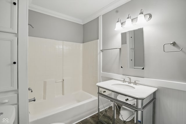 1915 Albany St, Beech Grove, IN 46107 - full bath featuring ornamental molding, washtub / shower combination, vanity, and wood finished floors