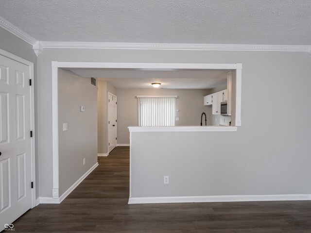 3734 Lacebark Dr, Indianapolis, IN 46235 - empty room with dark wood-style floors, baseboards, ornamental molding, a textured ceiling, and a sink