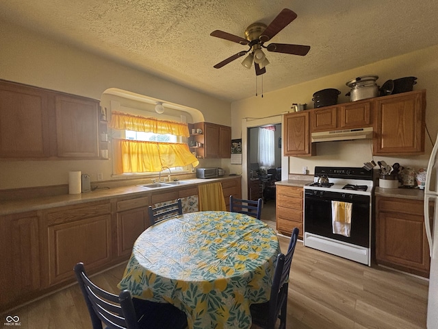 5553 N County Road 10 E, Greensburg, IN 47240 - kitchen with gas stove, under cabinet range hood, a sink, a textured ceiling, and light wood-style flooring