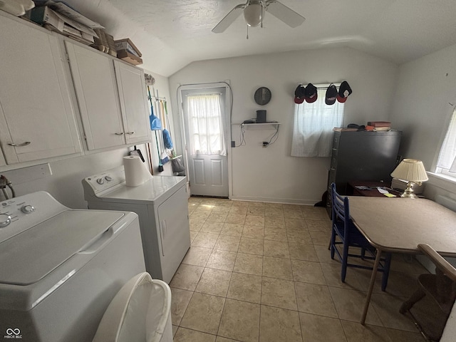 5553 N County Road 10 E, Greensburg, IN 47240 - laundry room with washer and clothes dryer, cabinet space, a ceiling fan, light tile patterned floors, and baseboards