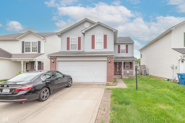 8056 Maple Stream Blvd, Indianapolis, IN 46217 - view of front of house featuring central AC unit, concrete driveway, a front lawn, a garage, and brick siding