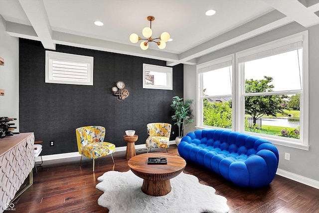 2789 W High Grove Cir, Zionsville, IN 46077 - living area featuring a chandelier, hardwood / wood-style floors, beam ceiling, recessed lighting, and an accent wall