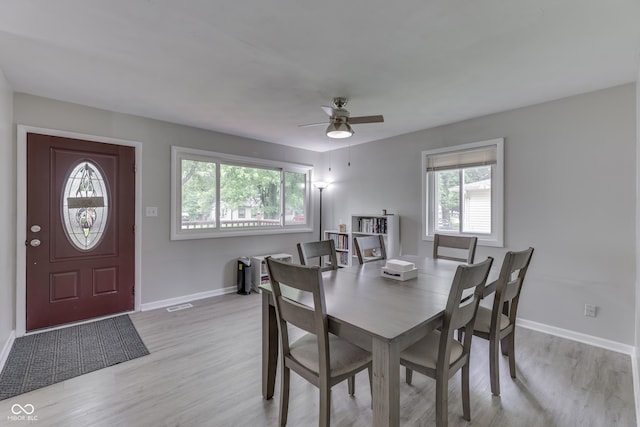 724 Alexander St, Greenwood, IN 46143 - dining room featuring plenty of natural light, light wood finished floors, a ceiling fan, and baseboards