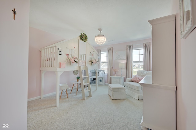 4163 Ironclad Dr, Bargersville, IN 46106 - carpeted bedroom with baseboards and a chandelier