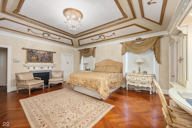 4601 W Legacy Dr, Muncie, IN 47304 - bedroom featuring a chandelier, ornamental molding, a fireplace, and wallpapered walls