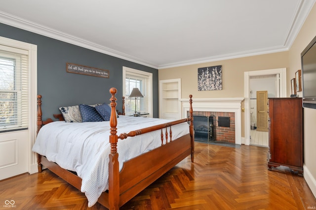 4601 W Legacy Dr, Muncie, IN 47304 - bedroom featuring crown molding and a fireplace