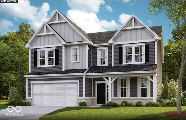 587 Bluestem Ln, New Whiteland, IN 46184 - view of front of home with board and batten siding, a front lawn, a garage, and brick siding