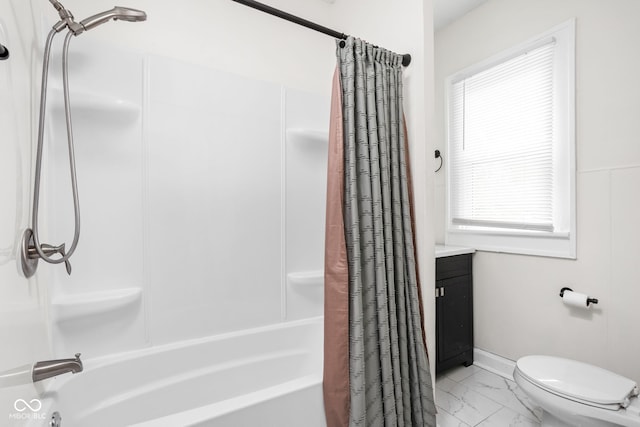 614 N Drexel Ave, Indianapolis, IN 46201 - bathroom with marble finish floors, shower / bath combo with shower curtain, toilet, and vanity