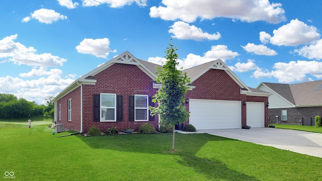 217 Saint Andrews Ave, Edinburgh, IN 46124 - view of front of house featuring brick siding, an attached garage, driveway, a front yard, and central AC