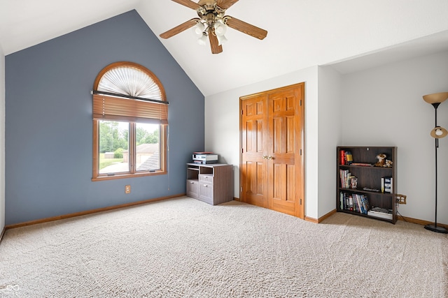 7082 Hunters Ridge Dr, Plainfield, IN 46168 - bedroom featuring light carpet, vaulted ceiling, and a ceiling fan