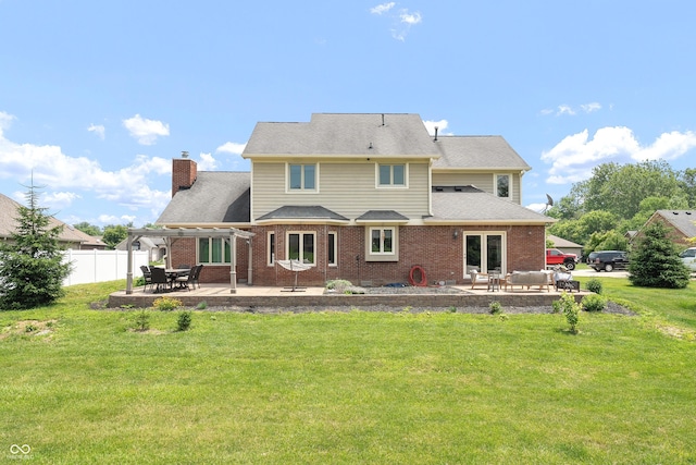 7082 Hunters Ridge Dr, Plainfield, IN 46168 - rear view of house with a pergola, a patio area, brick siding, a chimney, and a shingled roof