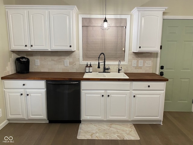 7195 W 700 N, Fairland, IN 46126 - kitchen featuring dishwasher, wood counters, dark wood-type flooring, and white cabinets