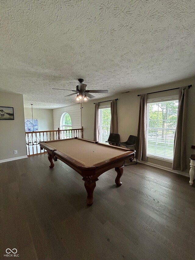 7195 W 700 N, Fairland, IN 46126 - rec room with wood finished floors, a textured ceiling, a ceiling fan, and billiards
