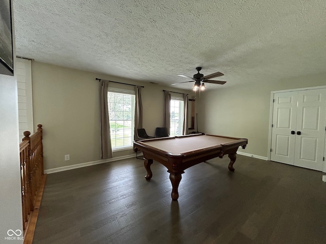 7195 W 700 N, Fairland, IN 46126 - playroom featuring pool table, dark wood-style floors, a ceiling fan, and a textured ceiling