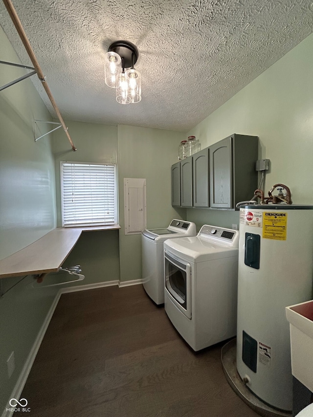 7195 W 700 N, Fairland, IN 46126 - washroom with electric water heater, cabinet space, washing machine and clothes dryer, a textured ceiling, and electric panel