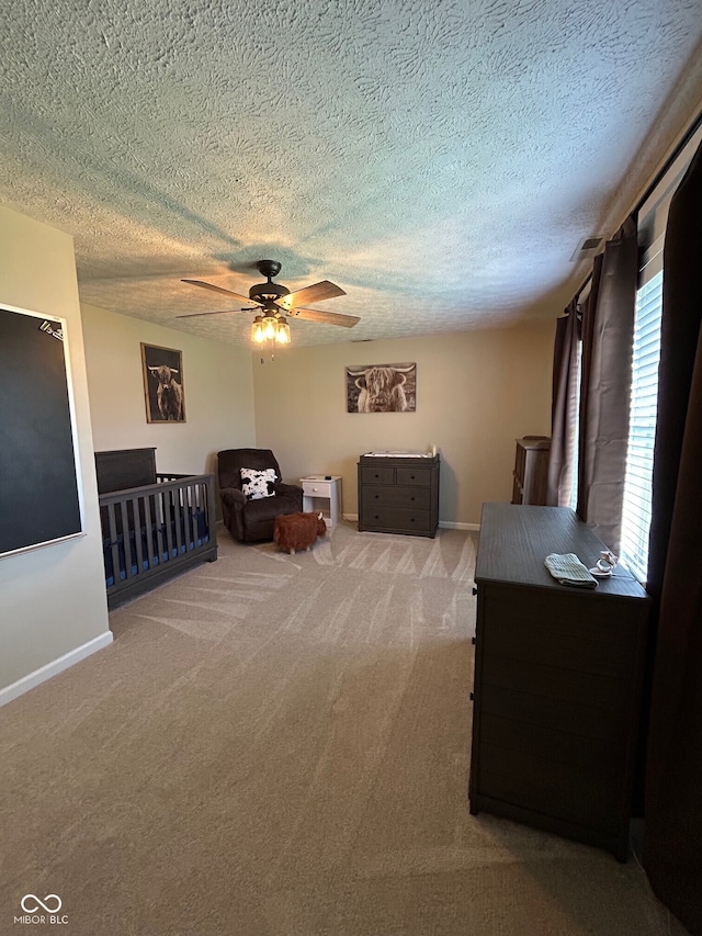 7195 W 700 N, Fairland, IN 46126 - living area featuring a ceiling fan, carpet, and a textured ceiling
