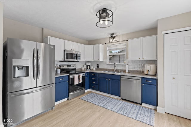 2580 Bluewood Way, Plainfield, IN 46168 - kitchen featuring appliances with stainless steel finishes, blue cabinetry, white cabinetry, and backsplash