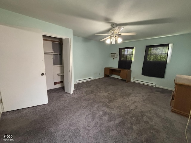 18 E Church St, Brazil, IN 47834 - unfurnished bedroom with baseboard heating, an AC wall unit, dark carpet, and a ceiling fan