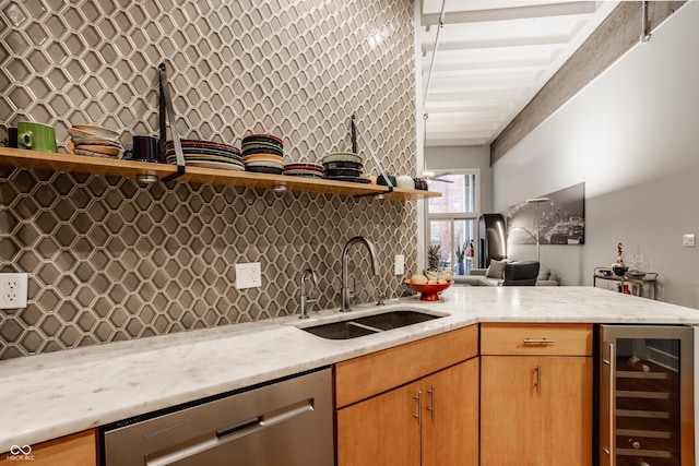611 N Park Ave Unit 104, Indianapolis, IN 46204 - kitchen with beverage cooler, open shelves, stainless steel dishwasher, and a sink