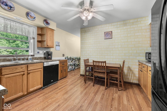 1350 Inverness Farms Rd, Martinsville, IN 46151 - kitchen with black appliances, light wood finished floors, a ceiling fan, dark countertops, and brown cabinets