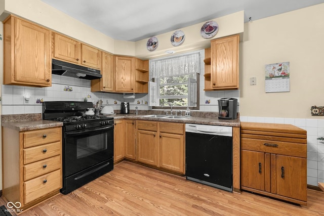 1350 Inverness Farms Rd, Martinsville, IN 46151 - kitchen with black appliances, under cabinet range hood, open shelves, light wood-style flooring, and tile walls
