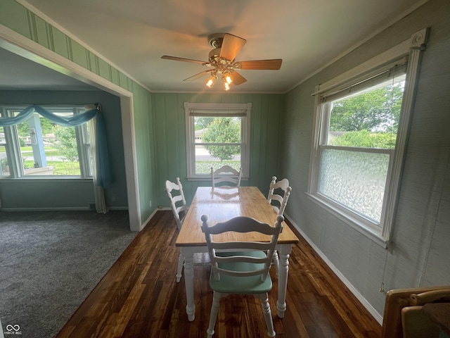 4363 Roosevelt Dr, Columbus, IN 47201 - dining space with crown molding, baseboards, dark wood finished floors, and a ceiling fan