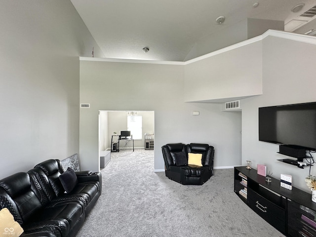 4925 Chip Shot Ln, Indianapolis, IN 46235 - carpeted living area with high vaulted ceiling and baseboards