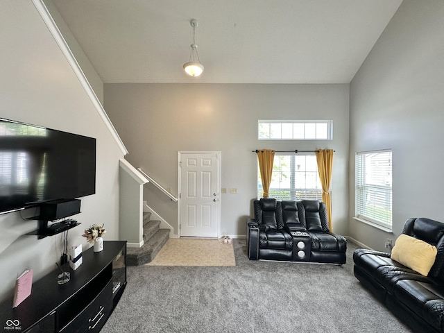 4925 Chip Shot Ln, Indianapolis, IN 46235 - living area with stairs, carpet, a high ceiling, and baseboards
