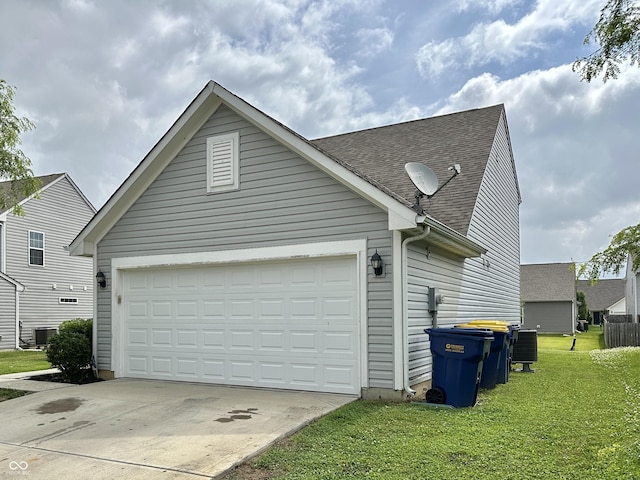 4925 Chip Shot Ln, Indianapolis, IN 46235 - view of home's exterior with roof with shingles, concrete driveway, cooling unit, an attached garage, and a yard