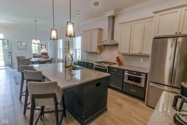 139 Wayfinder Dr, West Lafayette, IN 47906 - kitchen with a sink, stainless steel appliances, wall chimney exhaust hood, a kitchen breakfast bar, and ornamental molding