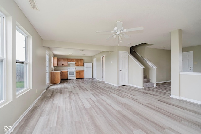 2834 Wolfgang Dr, Indianapolis, IN 46239 - unfurnished living room with a sink, light wood-style floors, stairway, baseboards, and ceiling fan